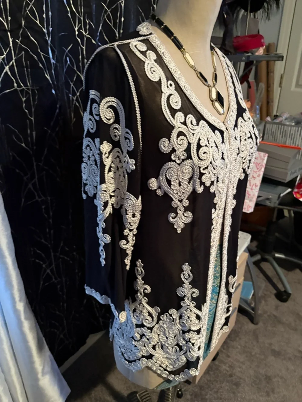 Sheer Black Embroidered open cardigan with White ribbon Lace Detail - Picture 8 of 13